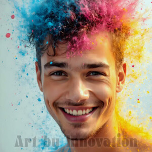 AI-generated abstract art of colorful, happy, handsome male faces covered in vibrant paint. Joy, excitement, and rainbow color in stunning digital art by Jeff Dupler.