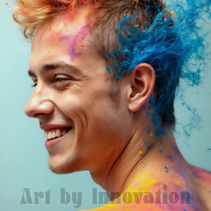 AI-generated abstract art of colorful, happy, handsome male faces covered in vibrant paint. Joy, excitement, and rainbow color in stunning digital art by Jeff Dupler.