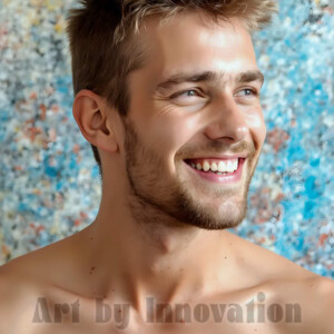 AI-generated abstract art of colorful, happy, handsome male faces covered in vibrant paint. Joy, excitement, and rainbow color in stunning digital art by Jeff Dupler.