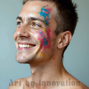 AI-generated abstract art of colorful, happy, handsome male faces covered in vibrant paint. Joy, excitement, and rainbow color in stunning digital art by Jeff Dupler.