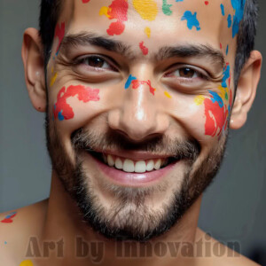 AI-generated abstract art of colorful, happy, handsome male faces covered in vibrant paint. Joy, excitement, and rainbow color in stunning digital art by Jeff Dupler.