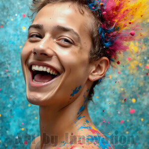 AI-generated abstract art of colorful, happy, handsome male faces covered in vibrant paint. Joy, excitement, and rainbow color in stunning digital art by Jeff Dupler.