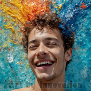 AI-generated abstract art of colorful, happy, handsome male faces covered in vibrant paint. Joy, excitement, and rainbow color in stunning digital art by Jeff Dupler.