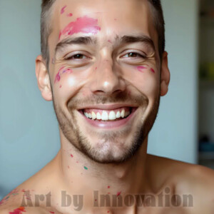 AI-generated abstract art of colorful, happy, handsome male faces covered in vibrant paint. Joy, excitement, and rainbow color in stunning digital art by Jeff Dupler.