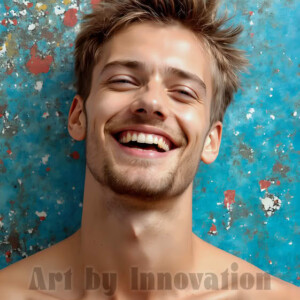 AI-generated abstract art of colorful, happy, handsome male faces covered in vibrant paint. Joy, excitement, and rainbow color in stunning digital art by Jeff Dupler.