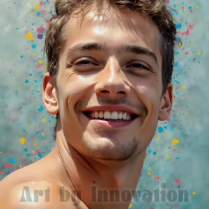 AI-generated abstract art of colorful, happy, handsome male faces covered in vibrant paint. Joy, excitement, and rainbow color in stunning digital art by Jeff Dupler.