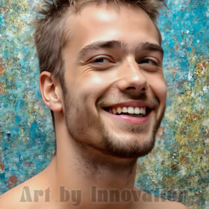 AI-generated abstract art of colorful, happy, handsome male faces covered in vibrant paint. Joy, excitement, and rainbow color in stunning digital art by Jeff Dupler.