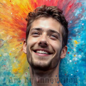 AI-generated abstract art of colorful, happy, handsome male faces covered in vibrant paint. Joy, excitement, and rainbow color in stunning digital art by Jeff Dupler.