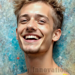 AI-generated abstract art of colorful, happy, handsome male faces covered in vibrant paint. Joy, excitement, and rainbow color in stunning digital art by Jeff Dupler.