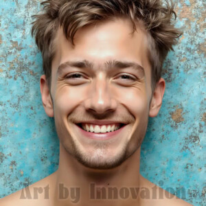 AI-generated abstract art of colorful, happy, handsome male faces covered in vibrant paint. Joy, excitement, and rainbow color in stunning digital art by Jeff Dupler.