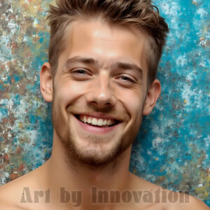 AI-generated abstract art of colorful, happy, handsome male faces covered in vibrant paint. Joy, excitement, and rainbow color in stunning digital art by Jeff Dupler.