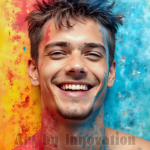 AI-generated abstract art of colorful, happy, handsome male faces covered in vibrant paint. Joy, excitement, and rainbow color in stunning digital art by Jeff Dupler.