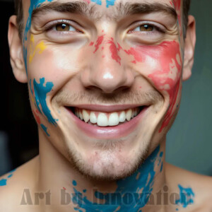 AI-generated abstract art of colorful, happy, handsome male faces covered in vibrant paint. Joy, excitement, and rainbow color in stunning digital art by Jeff Dupler.