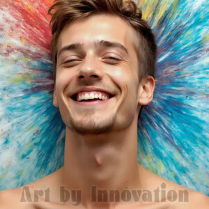 AI-generated abstract art of colorful, happy, handsome male faces covered in vibrant paint. Joy, excitement, and rainbow color in stunning digital art by Jeff Dupler.
