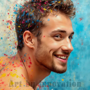 AI-generated abstract art of colorful, happy, handsome male faces covered in vibrant paint. Joy, excitement, and rainbow color in stunning digital art by Jeff Dupler.
