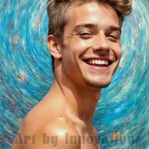 AI-generated abstract art of colorful, happy, handsome male faces covered in vibrant paint. Joy, excitement, and rainbow color in stunning digital art by Jeff Dupler.