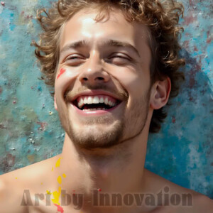 AI-generated abstract art of colorful, happy, handsome male faces covered in vibrant paint. Joy, excitement, and rainbow color in stunning digital art by Jeff Dupler.