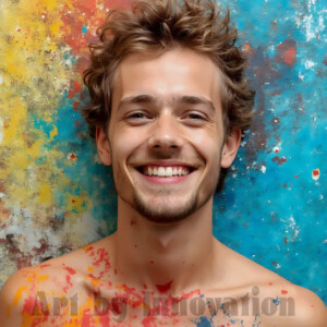 AI-generated abstract art of colorful, happy, handsome male faces covered in vibrant paint. Joy, excitement, and rainbow color in stunning digital art by Jeff Dupler.