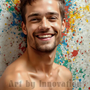 AI-generated abstract art of colorful, happy, handsome male faces covered in vibrant paint. Joy, excitement, and rainbow color in stunning digital art by Jeff Dupler.