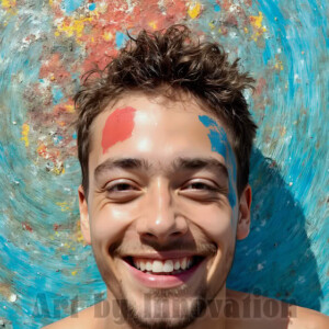 AI-generated abstract art of colorful, happy, handsome male faces covered in vibrant paint. Joy, excitement, and rainbow color in stunning digital art by Jeff Dupler.