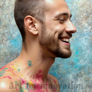 AI-generated abstract art of colorful, happy, handsome male faces covered in vibrant paint. Joy, excitement, and rainbow color in stunning digital art by Jeff Dupler.