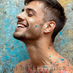AI-generated abstract art of colorful, happy, handsome male faces covered in vibrant paint. Joy, excitement, and rainbow color in stunning digital art by Jeff Dupler.