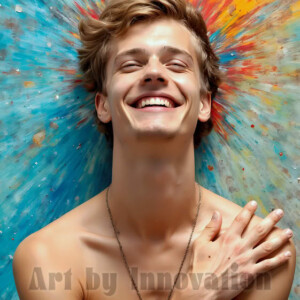 AI-generated abstract art of colorful, happy, handsome male faces covered in vibrant paint. Joy, excitement, and rainbow color in stunning digital art by Jeff Dupler.