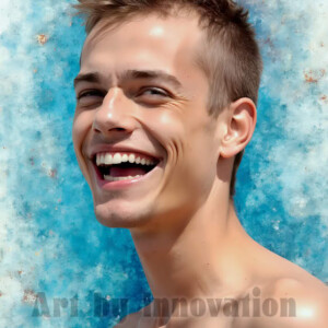 AI-generated abstract art of colorful, happy, handsome male faces covered in vibrant paint. Joy, excitement, and rainbow color in stunning digital art by Jeff Dupler.