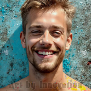 AI-generated abstract art of colorful, happy, handsome male faces covered in vibrant paint. Joy, excitement, and rainbow color in stunning digital art by Jeff Dupler.
