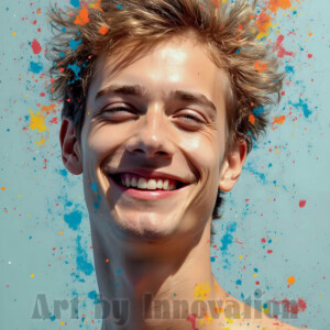 AI-generated abstract art of colorful, happy, handsome male faces covered in vibrant paint. Joy, excitement, and rainbow color in stunning digital art by Jeff Dupler.