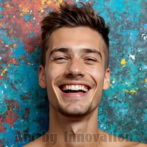 AI-generated abstract art of colorful, happy, handsome male faces covered in vibrant paint. Joy, excitement, and rainbow color in stunning digital art by Jeff Dupler.