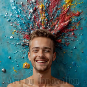 AI-generated abstract art of colorful, happy, handsome male faces covered in vibrant paint. Joy, excitement, and rainbow color in stunning digital art by Jeff Dupler.