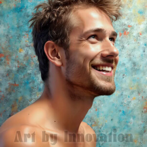 AI-generated abstract art of colorful, happy, handsome male faces covered in vibrant paint. Joy, excitement, and rainbow color in stunning digital art by Jeff Dupler.