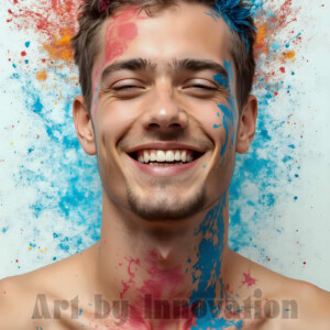 AI-generated abstract art of colorful, happy, handsome male faces covered in vibrant paint. Joy, excitement, and rainbow color in stunning digital art by Jeff Dupler.