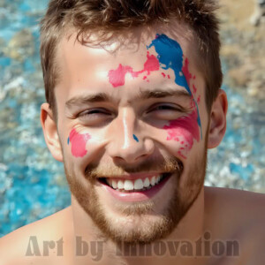 AI-generated abstract art of colorful, happy, handsome male faces covered in vibrant paint. Joy, excitement, and rainbow color in stunning digital art by Jeff Dupler.