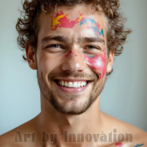 AI-generated abstract art of colorful, happy, handsome male faces covered in vibrant paint. Joy, excitement, and rainbow color in stunning digital art by Jeff Dupler.