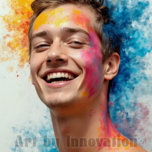 AI-generated abstract art of colorful, happy, handsome male faces covered in vibrant paint. Joy, excitement, and rainbow color in stunning digital art by Jeff Dupler.