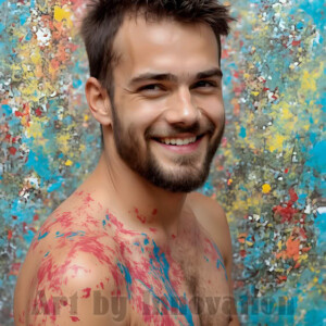 AI-generated abstract art of colorful, happy, handsome male faces covered in vibrant paint. Joy, excitement, and rainbow color in stunning digital art by Jeff Dupler.