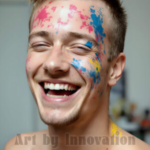 AI-generated abstract art of colorful, happy, handsome male faces covered in vibrant paint. Joy, excitement, and rainbow color in stunning digital art by Jeff Dupler.