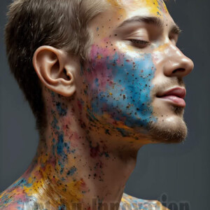 AI-generated abstract art of colorful, happy, handsome male faces covered in vibrant paint. Joy, excitement, and rainbow color in stunning digital art by Jeff Dupler.