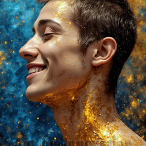 AI-generated abstract art of colorful, happy, handsome male faces covered in vibrant paint. Joy, excitement, and rainbow color in stunning digital art by Jeff Dupler.