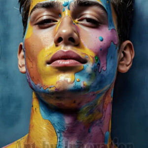 AI-generated abstract art of colorful, happy, handsome male faces covered in vibrant paint. Joy, excitement, and rainbow color in stunning digital art by Jeff Dupler.