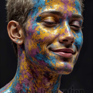 AI-generated abstract art of colorful, happy, handsome male faces covered in vibrant paint. Joy, excitement, and rainbow color in stunning digital art by Jeff Dupler.