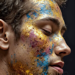 AI-generated abstract art of colorful, happy, handsome male faces covered in vibrant paint. Joy, excitement, and rainbow color in stunning digital art by Jeff Dupler.