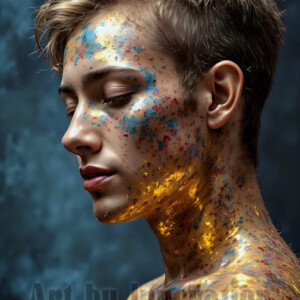 AI-generated abstract art of colorful, happy, handsome male faces covered in vibrant paint. Joy, excitement, and rainbow color in stunning digital art by Jeff Dupler.