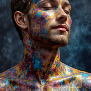 AI-generated abstract art of colorful, happy, handsome male faces covered in vibrant paint. Joy, excitement, and rainbow color in stunning digital art by Jeff Dupler.