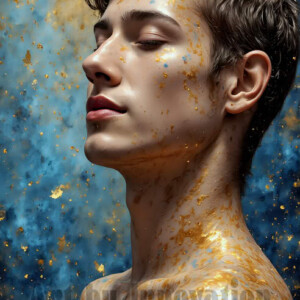 AI-generated abstract art of colorful, happy, handsome male faces covered in vibrant paint. Joy, excitement, and rainbow color in stunning digital art by Jeff Dupler.
