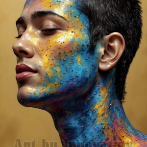 AI-generated abstract art of colorful, happy, handsome male faces covered in vibrant paint. Joy, excitement, and rainbow color in stunning digital art by Jeff Dupler.