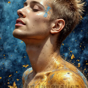 AI-generated abstract art of colorful, happy, handsome male faces covered in vibrant paint. Joy, excitement, and rainbow color in stunning digital art by Jeff Dupler.