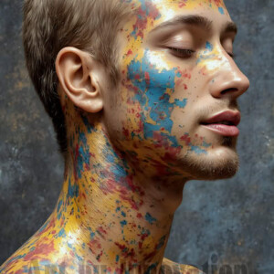 AI-generated abstract art of colorful, happy, handsome male faces covered in vibrant paint. Joy, excitement, and rainbow color in stunning digital art by Jeff Dupler.